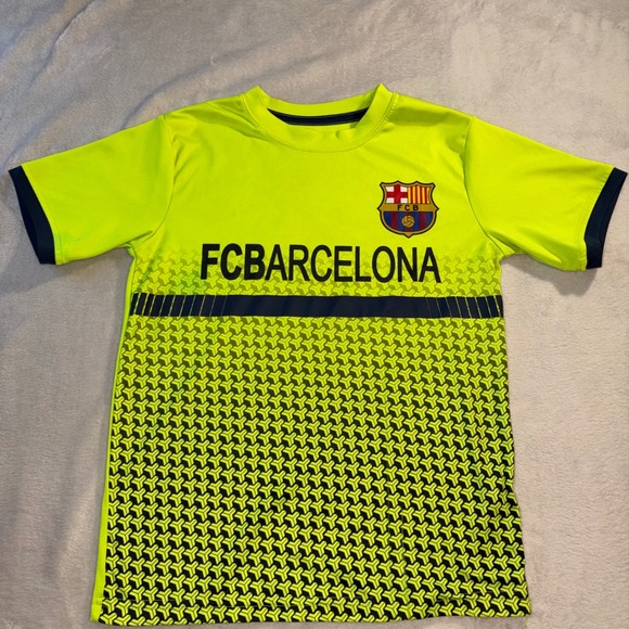 Fc Barcelona Other - FC Barcelona Kids Soccer Jersey Neon Yellow Navy Blue Graphic S/P RN130148